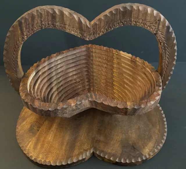 Vintage NOS HEART Shape Collapsible Folding Wooden Basket & Trivet Hand Carved