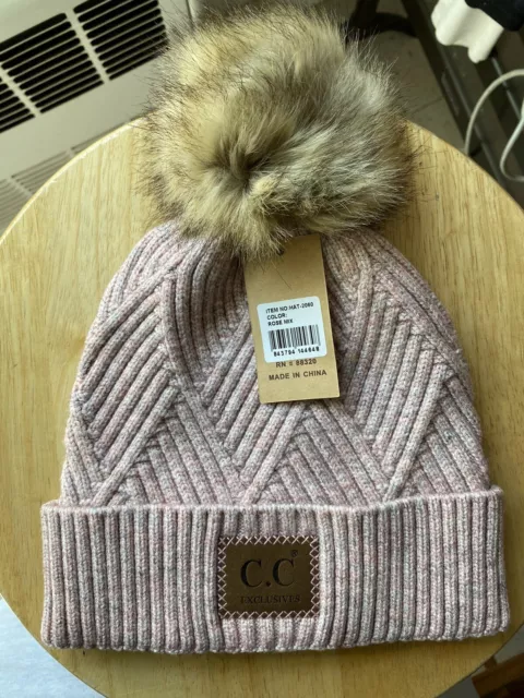 C.C Womens Beanie Knit Hat With Faux Fur Pom Pom, One Size, NWT, Rose Mix