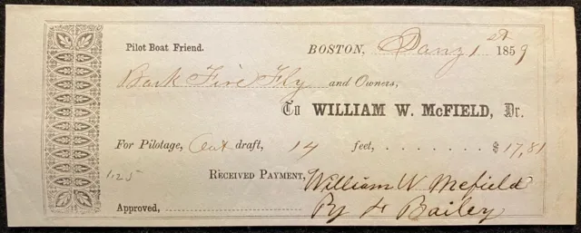 1859 **WILLIAM W. McFIELD** BOSTON, MASS. RECEIPT! NOTABLE:  EDWARD D. KIMBALL!