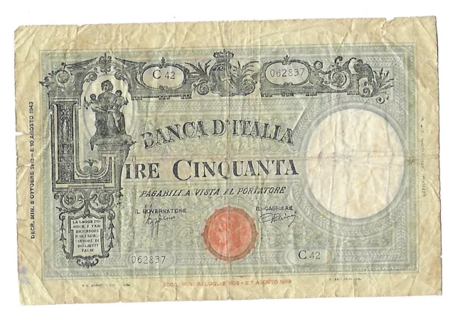 1943, Italy 50 Lire Banknote, Circulated