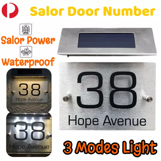 Custom House Number Plaque Solar Power Street Address Sign LED Stainless Steel