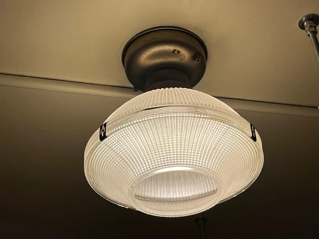 Vintage 1950s Holophane prismatic ceiling light & fixture - electric EUC