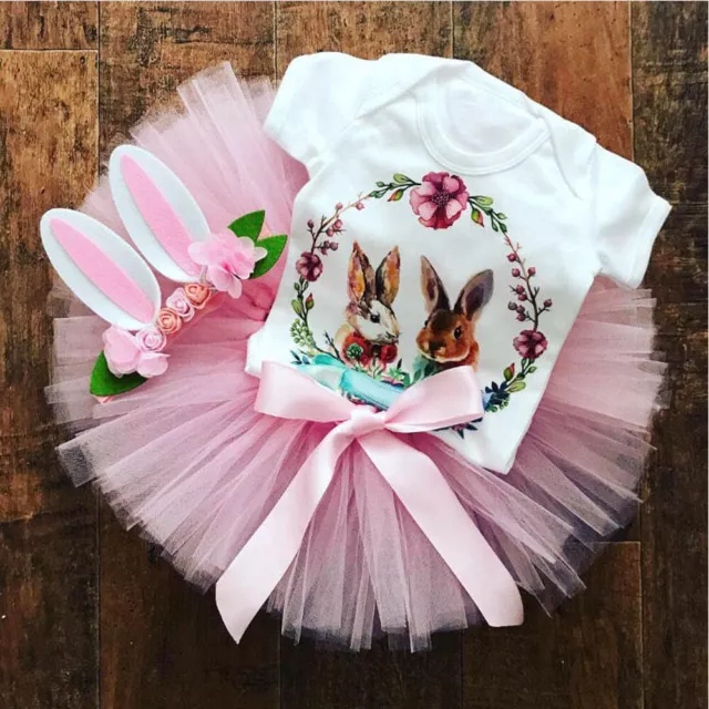 UK Newborn Infant Baby Girls Easter Bunny Tops Romper Tutu Skirt Dress Outfits