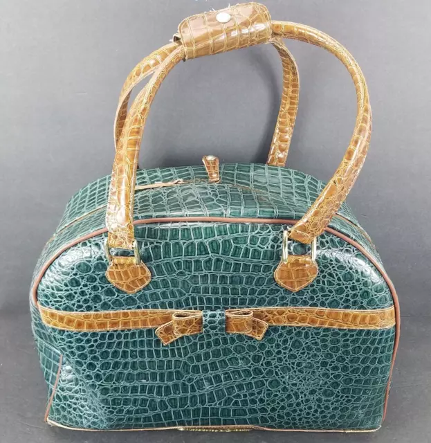 Samantha Brown Croc Gator Embossed Travel Day Bag Carry On Green Brown 17"x8"x12