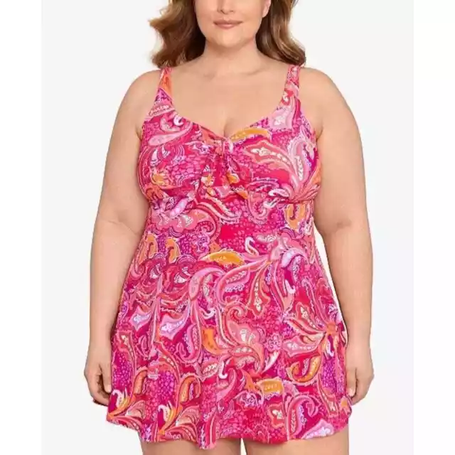 Plus Size Printed Tummy-Control Bow-Front Swimdress 20w (b5)