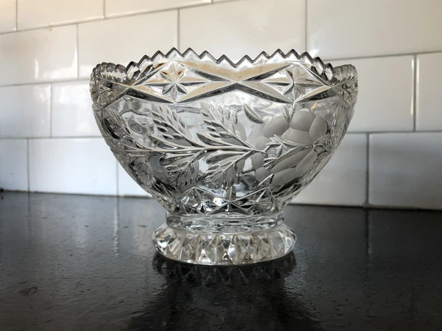 Vintage Clear Etched Floral Pressed Glass Candy Dish Snack Bowl Serving Sawtooth
