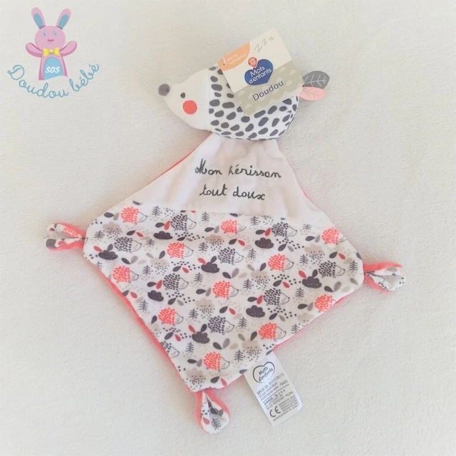 NEUF - Doudou plat Mon Hérisson tout doux rose blanc gris MOTS D'ENFANTS LECLERC