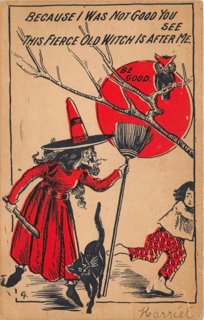 Lot220 comic postcard old witch with broom children uk fantasy comic horror