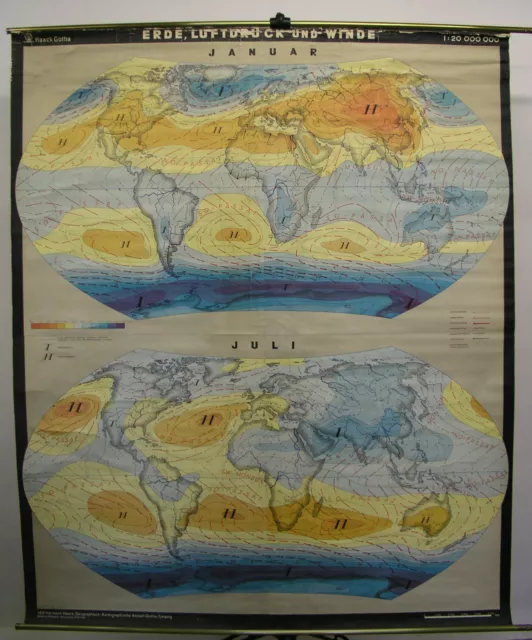 Schulwandkarte schöne alte Weltkarte map world Erde Luftdruck Winde 182x219 1967