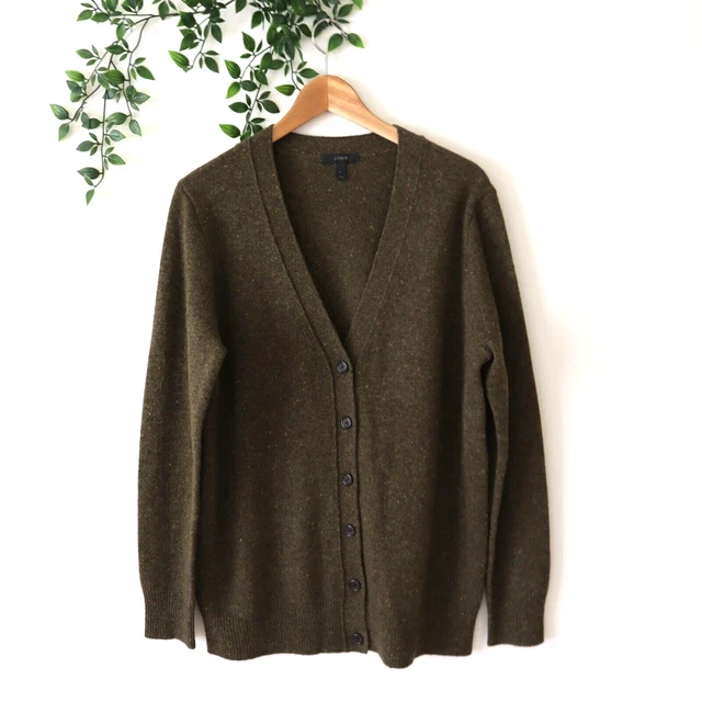 J,Crew Women's Dark Green Donegal Merino Wool Cardigan Sweater L Large