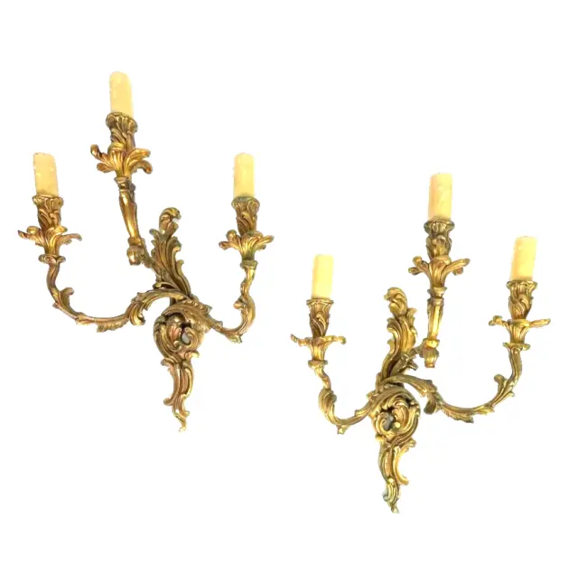 Huge French Pair of Louis XV style Bronze gilt triple light Chateau wall sconces