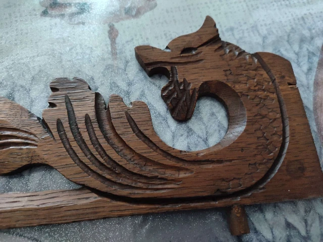 12" Pair Antique French Wood Carved Oak Gothic Dragon Pediment Architectural 3