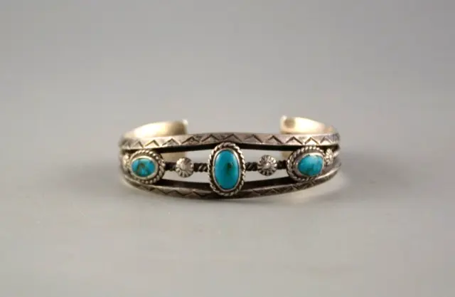 Old Pawn Navajo Indian Handstamped Silver Bracelet - 3 Turquoise -  6.25