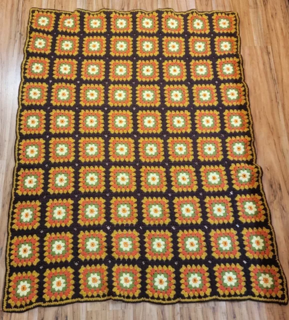 Afghan Throw Granny Square Blanket Vintage Handmade Knit Crochet Rosanne Couch