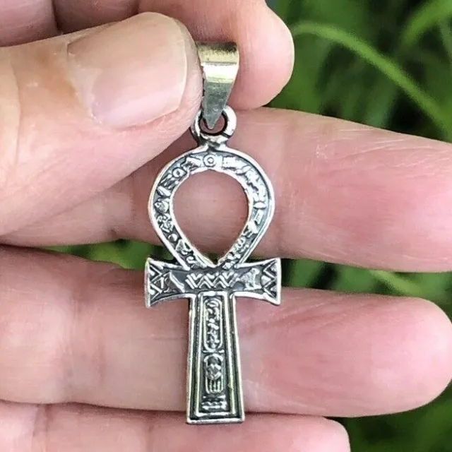 Very nice HEAVY SOLID SILVER ANKH Scarab Fancy pendant Egyptian Cross Charm