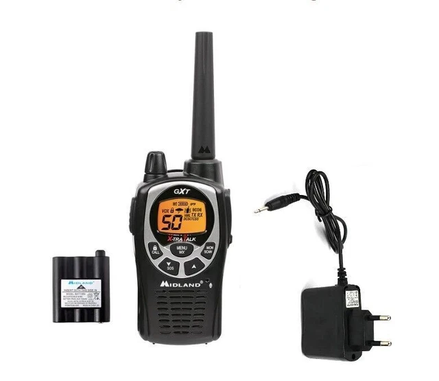 2 TALKIE WALKIES 56KM MIDLAND GXT1000 +CHARGEUR + 2 LARYNGOPHONE AVEC