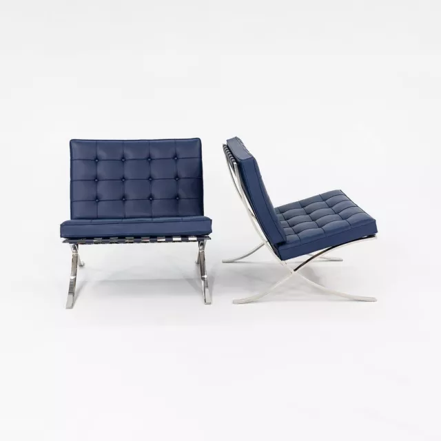 2016 Pair of Knoll Mies van der Rohe Barcelona Lounge Chairs Blue with Stainless