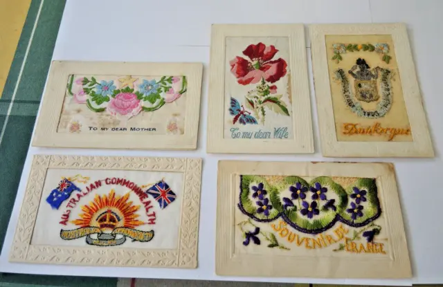 5 French Silk Postcards Dating Ww2 Worn Condition #1