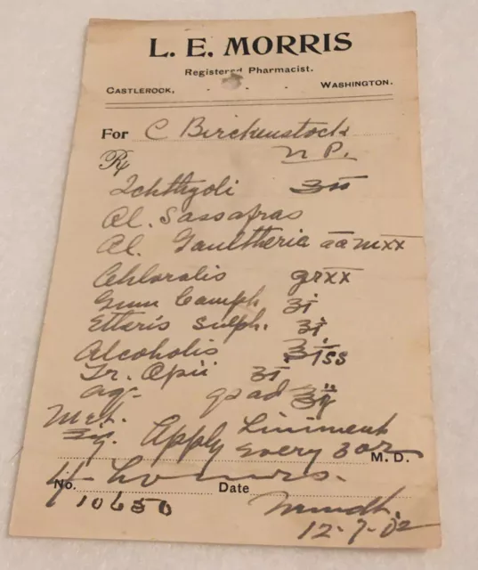 Antique Rx Prescription Form Opii 1902 Paper Ephemera Castle Rock WA Pharmacy
