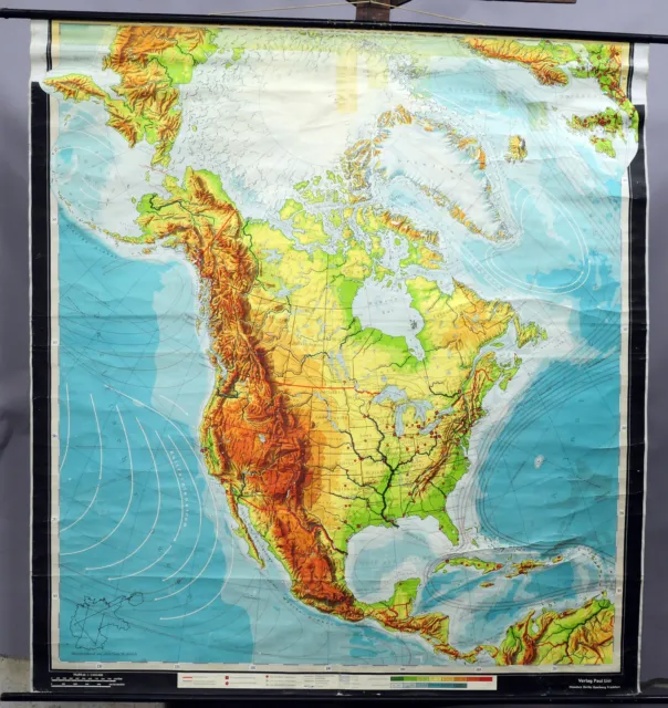 vintage pull down map North America wall chart retro poster print