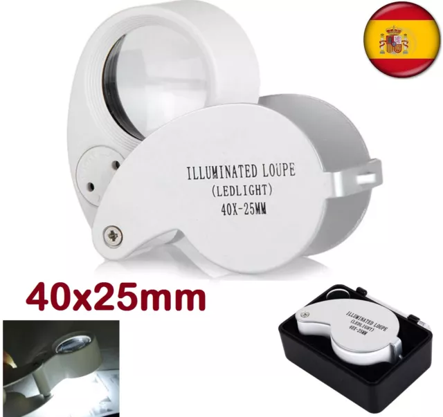 Lupa de precisión lente de aumento 40X25 mm luz led joyero monedas sellos oro