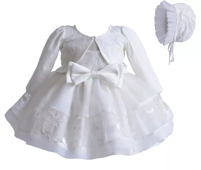 Baby Girls Ivory Lace Party Christening Dress Bonnet Jacket 0 3 6 9 12  Months