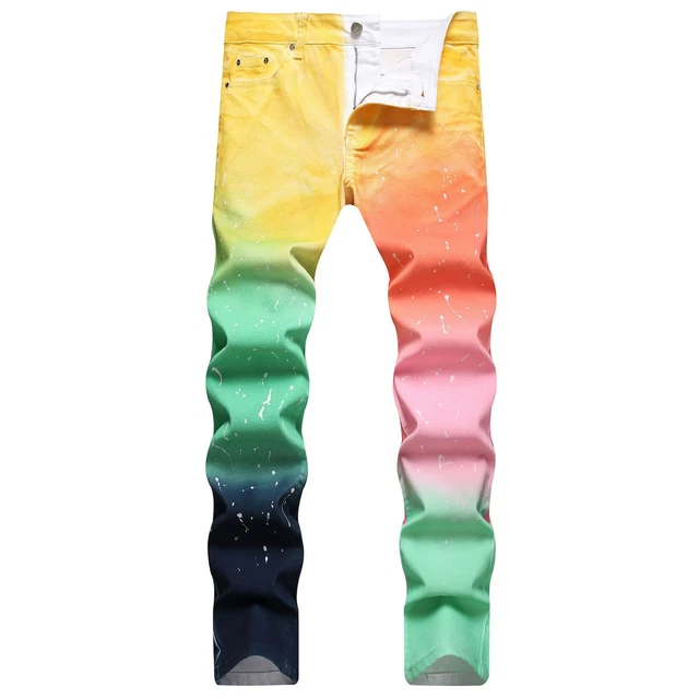 Mens Casual Gradually Colorful Jeans Slim Fit Denim Pants Straight Leg Trousers