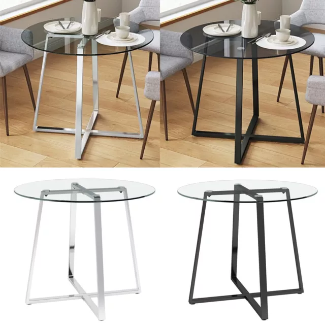 Modern Clear/Black Glass Round Dining Table With Metal Legs Kitchen Furniture