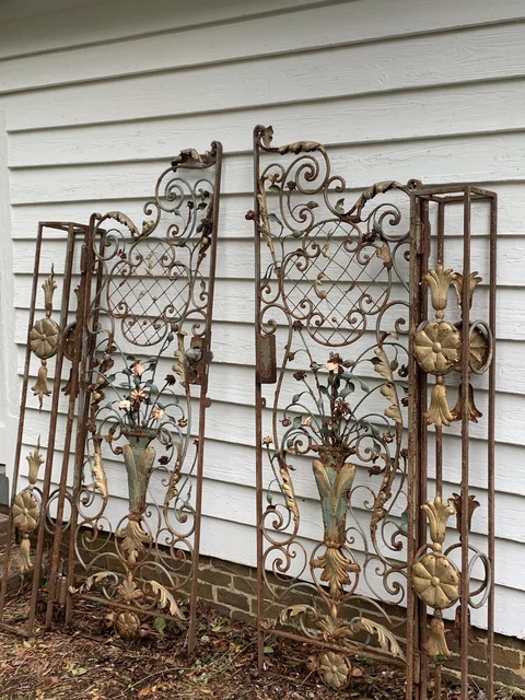Antique Pair Iron  Tole Floral Ornate  StoryBook Castle Winery Gates To Restore