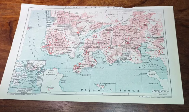 historische Stadtkarte/Stadtplan 1898 " Plymouth und Umgebung " original