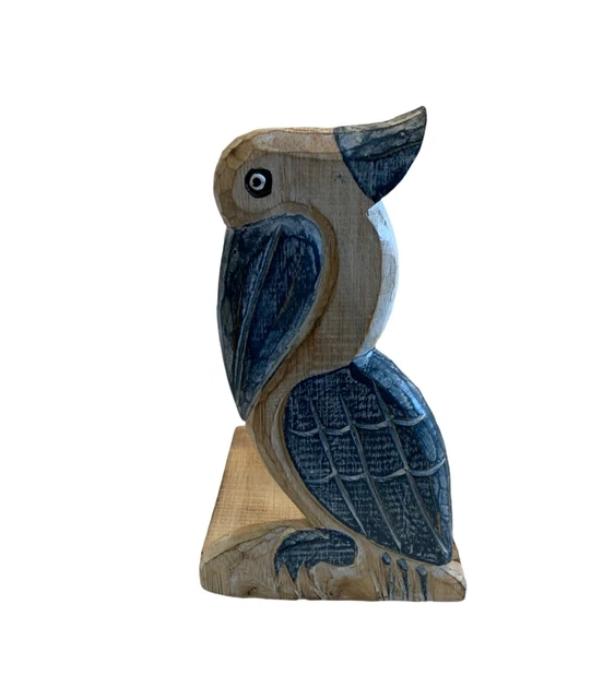 Pelican Paper Towel Holder, Coastal, Wood, Hand Carved, Sea Life, Navy Blue