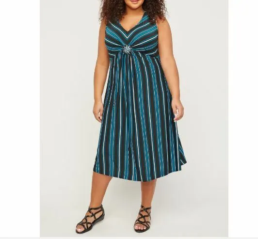 Catherines Plus Black Teal Stripe Medallion Twist Fit & Flare Dress 3X, 26/28W