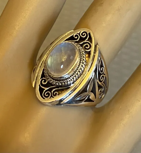 925 Sterling Silver Filigree Rainbow Moonstone Ring bezel oval cabochon size 8