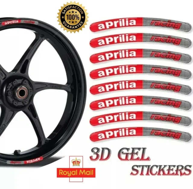 8 x Aprilia Wheel Rim Sticker Decals, Motorcycle (3D Gel Stickers)