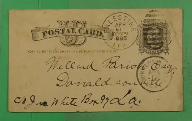 DR WHO 1885 POSTAL CARD PALESTINE TX TO DONALDSONVILLE LA j92342