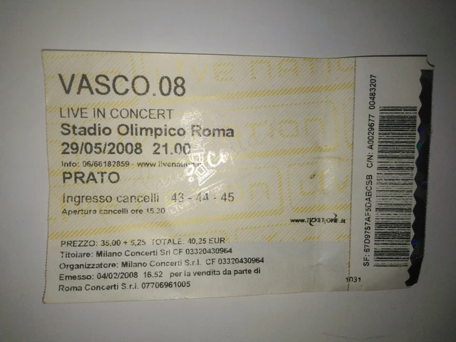 Vasco Rossi biglietto concerto Roma 2008 prato stadio olimpico parterre