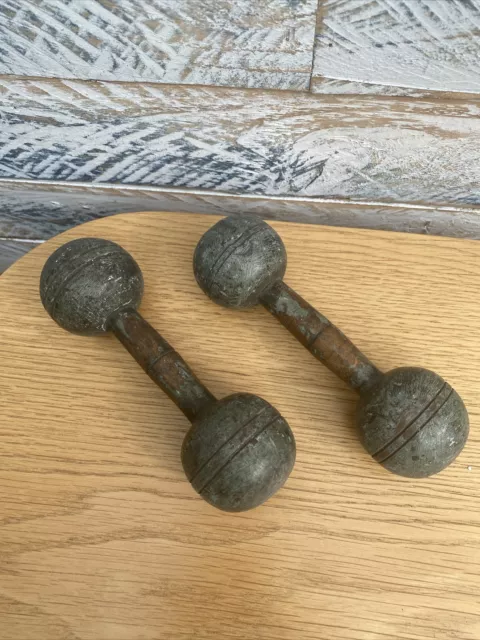 Pair Antique Vintage Primitive Wooden Dumbells Barbells Sporting Props Display 2