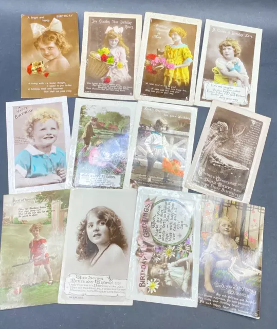 BIRTHDAY POSTCARDS x 12 1920-30 Children Theme Embossed Edging Craft or Giving