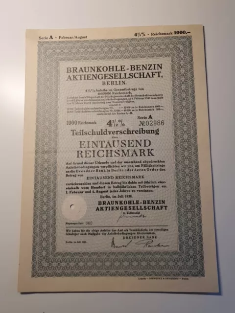 Braunkohle-Benzin Aktiengesellschaft Teilschuldverschreibung 1938