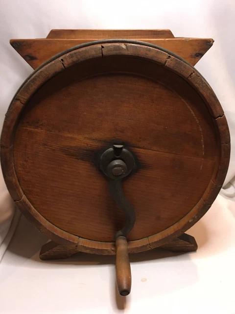 Antique Hand Crank Wood Barrel Cylinder Butter Churn Tabletop wood primitive