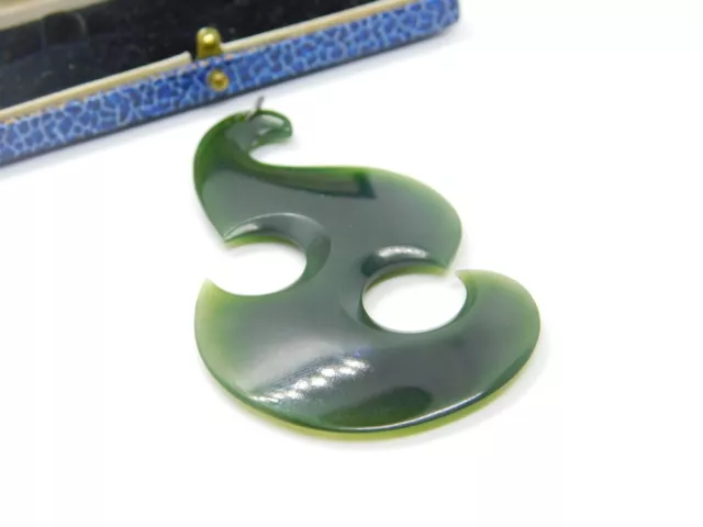 New Zealand Maori Nephrite Jade Koru Fish Hook Large Pendant Antique c1930 Deco 2