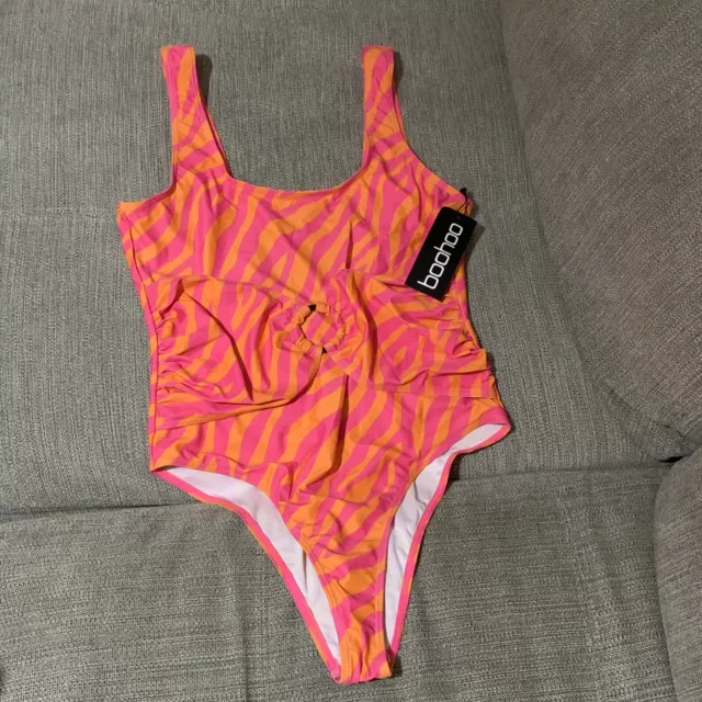 New Boohoo Ladies Pink Tummy Control Zebra O-ring Scoop Swimsuit Size 12