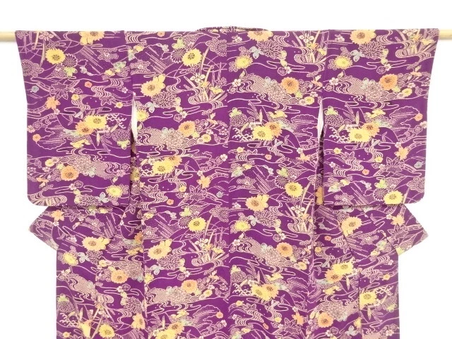 46186# Japanese Kimono / Antique Kimono / Chirimen / Floral Plants With Stream