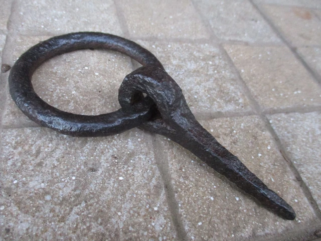 Antique Wrought Iron Tethering Ring on Pin Game Hook Old Wall Farm Hardware 3