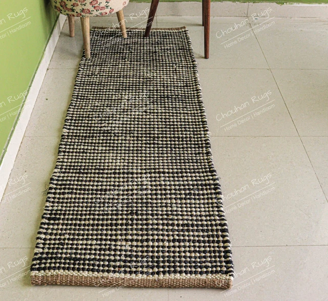 Art Deco Runner Rugs 2.5 x 8 Feet Black & off White Abstract Hand Woven Jute