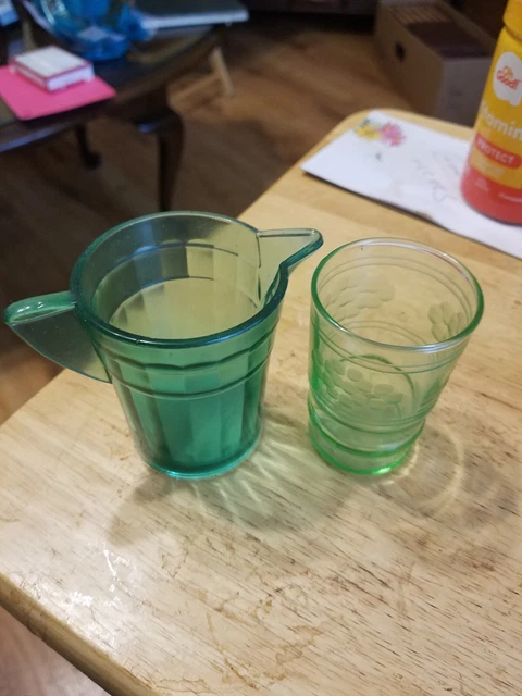 Green Depression Pitcher And.green Etched.shot.glass