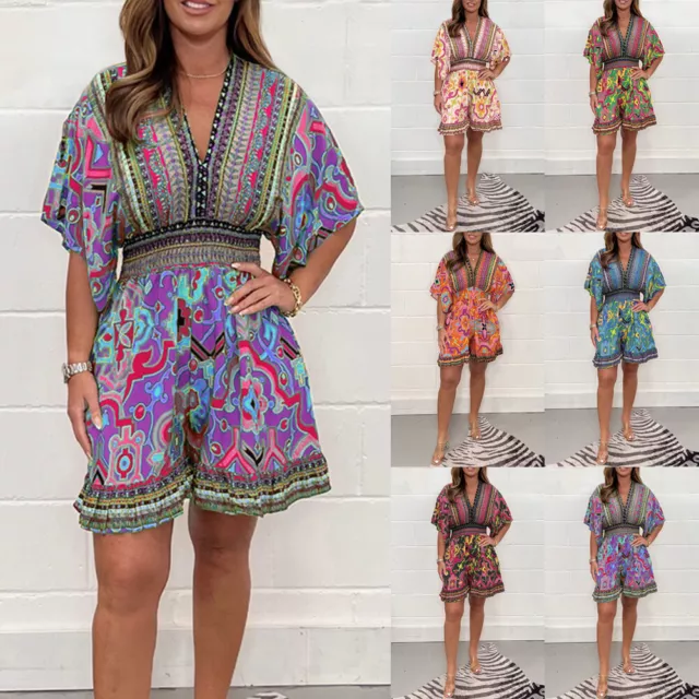 Womens Boho Jumpsuit Holiday Rompers Shorts Loose Summer Playsuit Plus Size 6-24