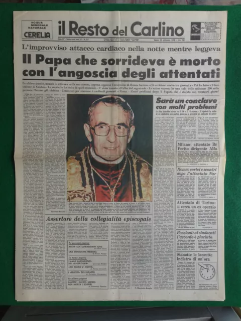 Il Resto Del Carlino 30/9/1978 , La Morte Di Papa Giovanni Paolo I Luciani