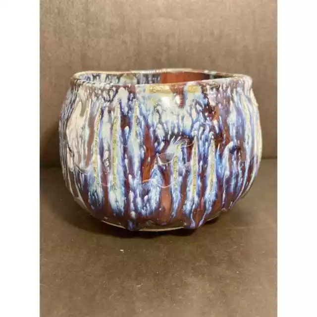 Rustic Studio Art Pottery Cup/Bowl Dripped Glaze Blue Red Gold Handmade Signed