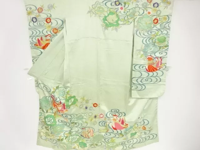 82356# Japanese Kimono / Antique Furisode / Embroidery / Stream & Mandarin D
